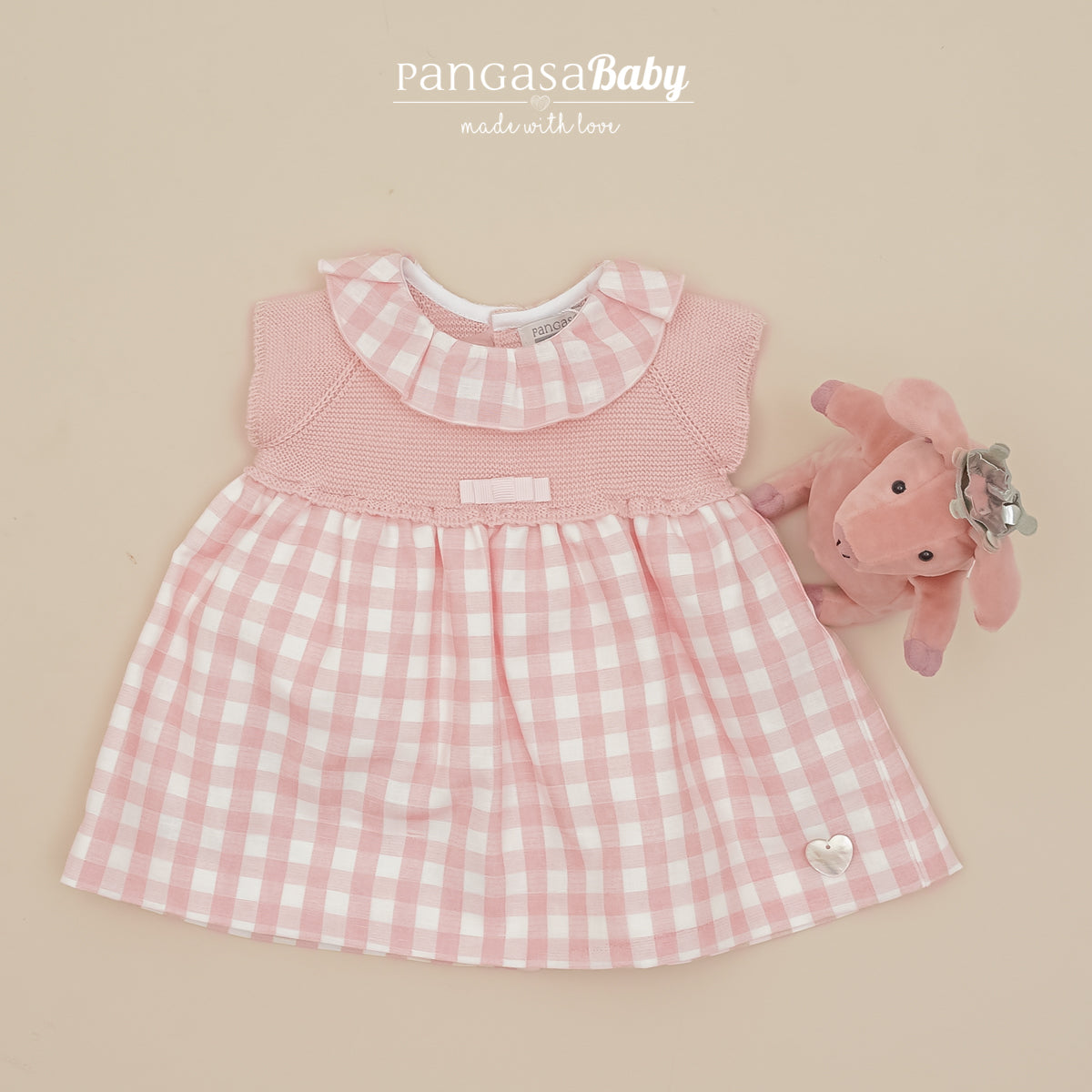 Vestido bebé cuadros rosa Pangasa Baby | Opción de braguita cubre pañal a juego | 0 a 24 meses