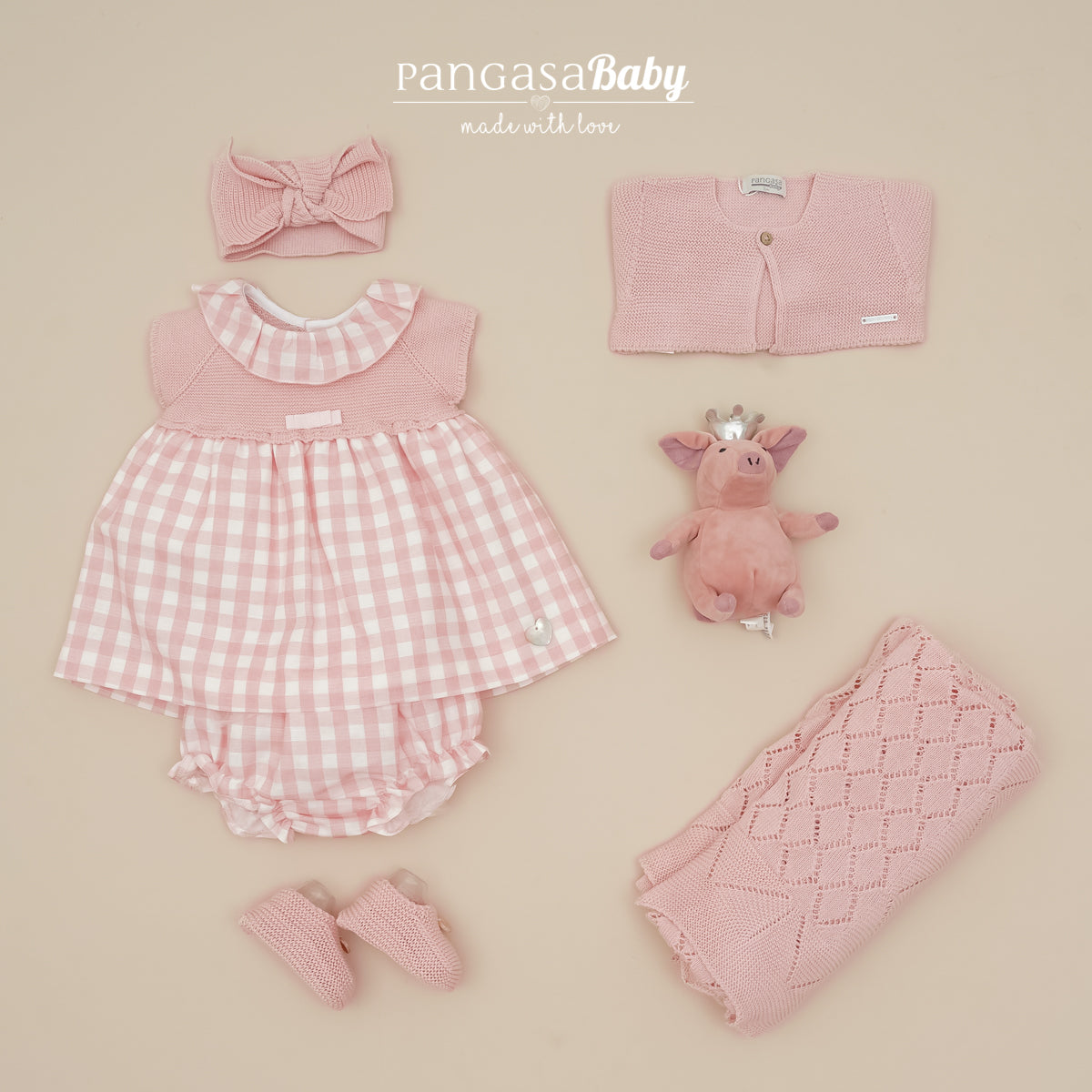 Vestido bebé cuadros rosa Pangasa Baby | Opción de braguita cubre pañal a juego | 0 a 24 meses