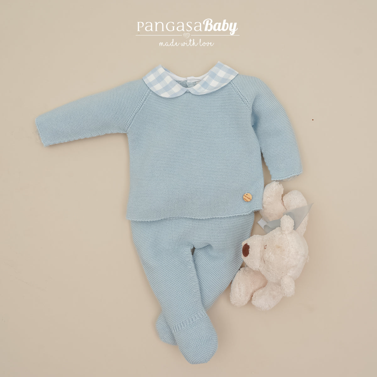 Primera puesta bebé cuadros celeste empolvado Pangasa Baby | 100% algodón | Prematuro (00) a 12 meses