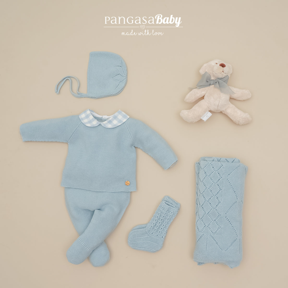 Primera puesta bebé cuadros celeste empolvado Pangasa Baby | 100% algodón | Prematuro (00) a 12 meses