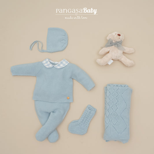 Primera puesta bebé cuadros celeste empolvado Pangasa Baby | 100% algodón | Prematuro (00) a 12 meses