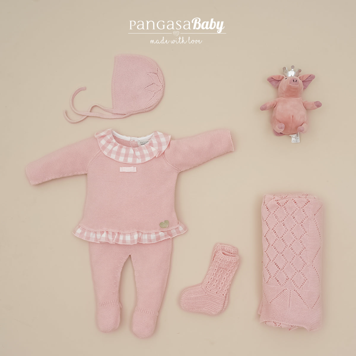 Primera puesta bebé con volante cuadros rosa empolvado Pangasa Baby | 100% algodón | Prematuro (00) a 12 meses