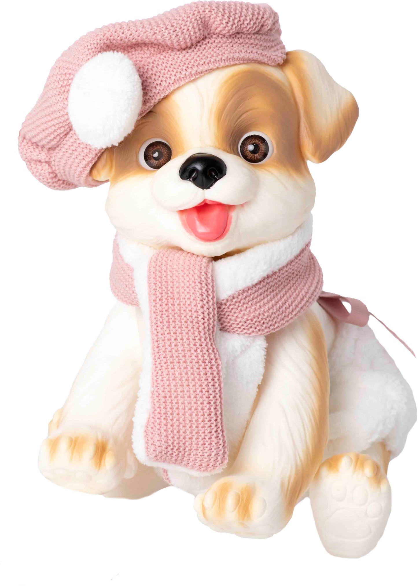 Perrito blanco con bufanda y gorrro rosa 23 cm cuerpo vinilo 2608 ROSA TOYS