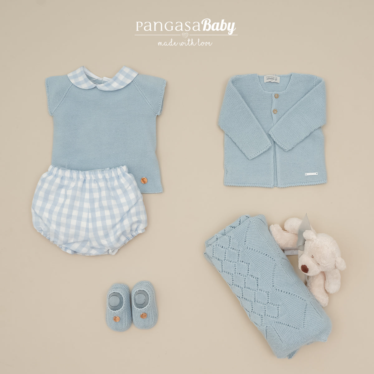 Traje bebé 2 piezas cuadros celeste Pangasa Baby | 3 a 24 meses