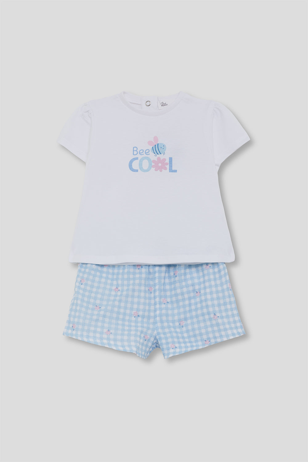 Conjunto niña de algodón con camiseta blanca y short vichy azul Street Monkey 3 meses - 6 años