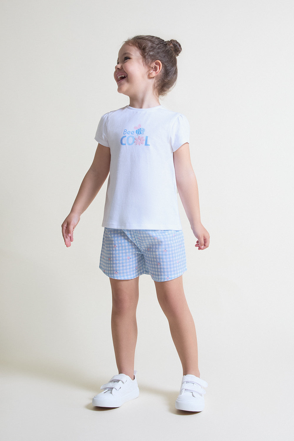Conjunto niña de algodón con camiseta blanca y short vichy azul Street Monkey 3 meses - 6 años