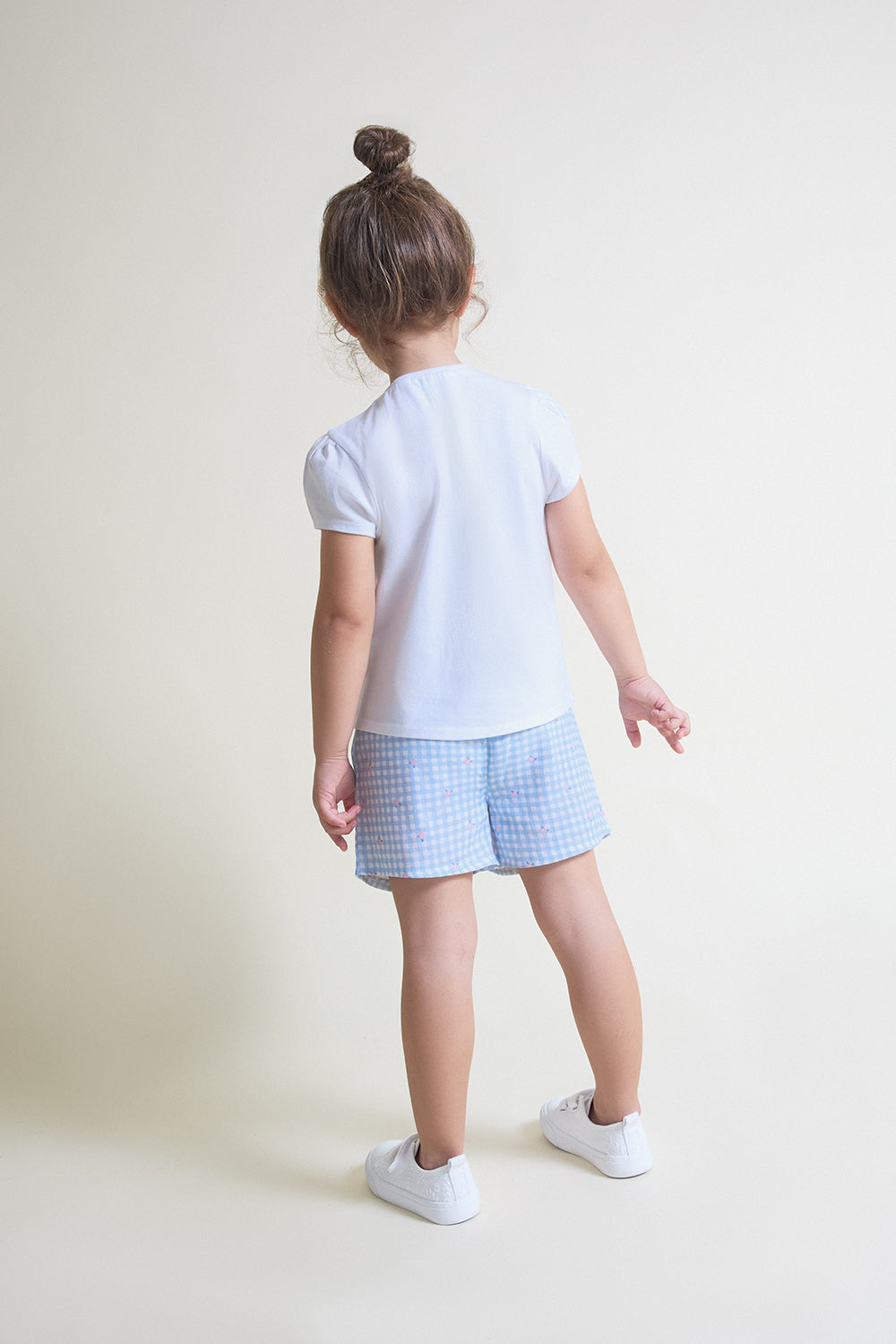 Conjunto niña de algodón con camiseta blanca y short vichy azul Street Monkey 3 meses - 6 años