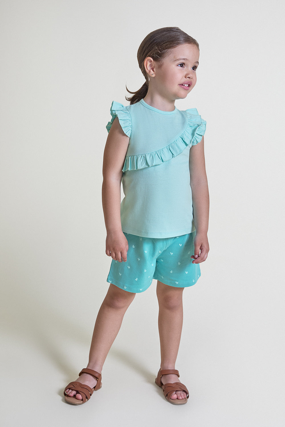 Conjunto Bebé Niña Verde Agua con Volantes y Corazones 3 Meses - 6 Años – Colección Verano