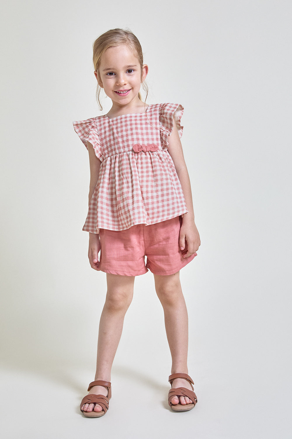 Conjunto Bebé Niña Vichy Rosa con Volantes y Lazo 3 Meses - 6 Años – Colección Verano