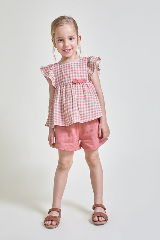 Conjunto Bebé Niña Vichy Rosa con Volantes y Lazo 3 Meses - 6 Años – Colección Verano
