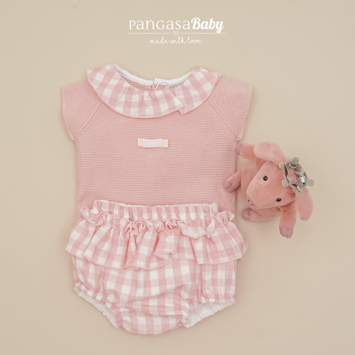 Conjunto bebé braguita cuadros rosa empolvado Pangasa Baby | 3 a 24 meses
