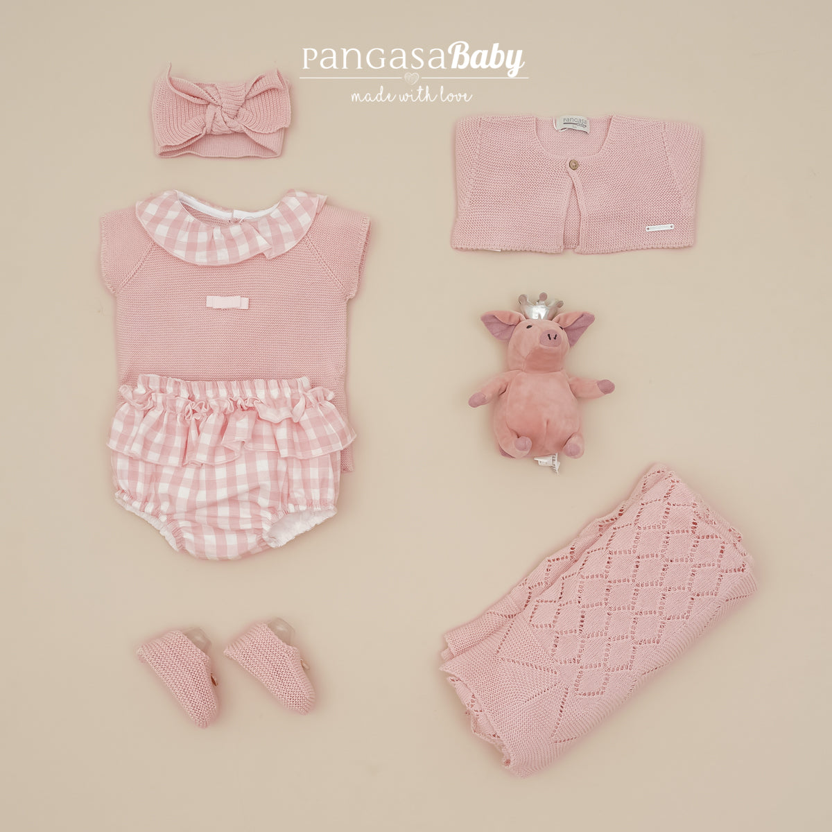Conjunto bebé braguita cuadros rosa empolvado Pangasa Baby | 3 a 24 meses