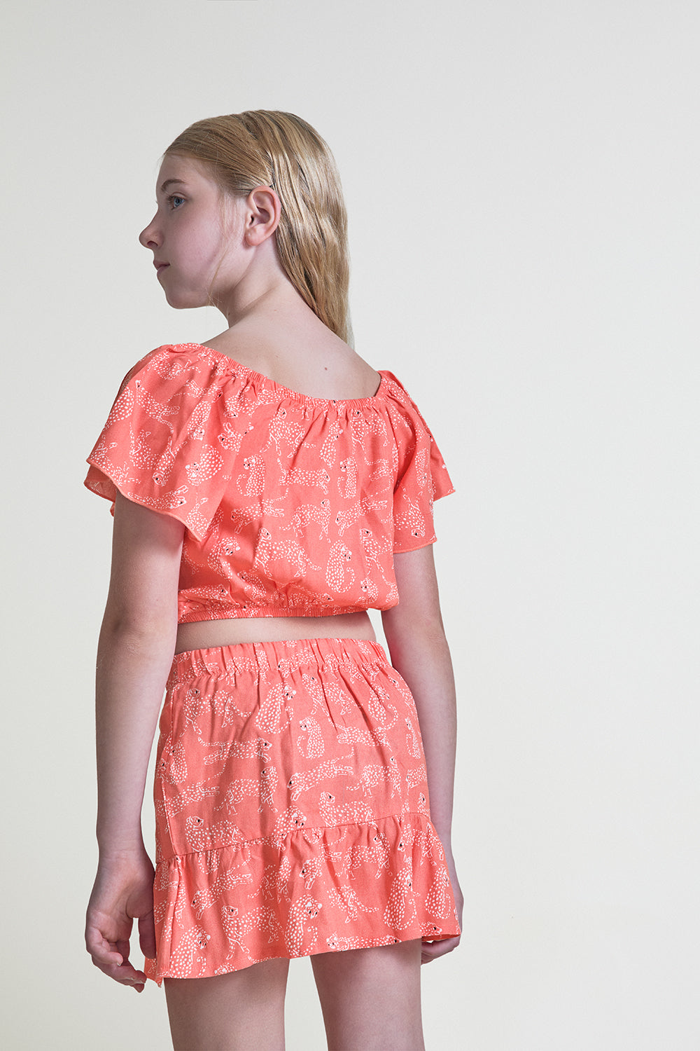 Top de niña Street Monkey coral estampado con mangas fruncidas 2-16 años