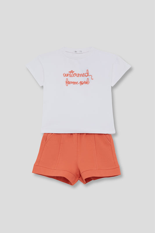 Conjunto de niña Street Mockey camiseta blanca y short coral | Algodón 2-16 años