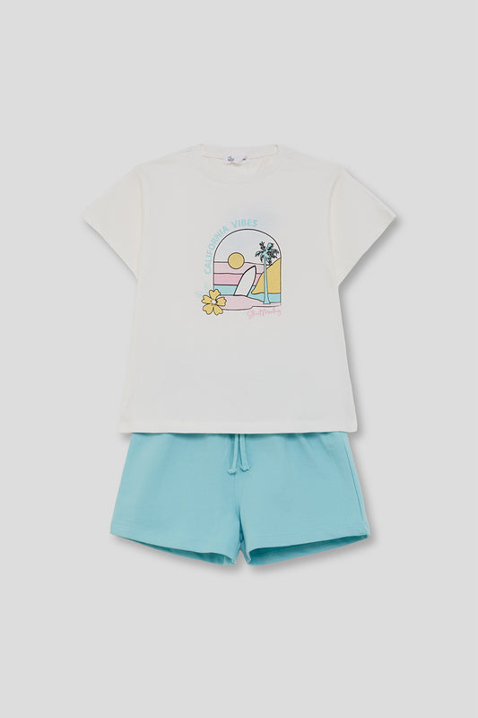 Conjunto de niña Street Mockey camiseta blanca y short turquesa | Algodón 2-16 años