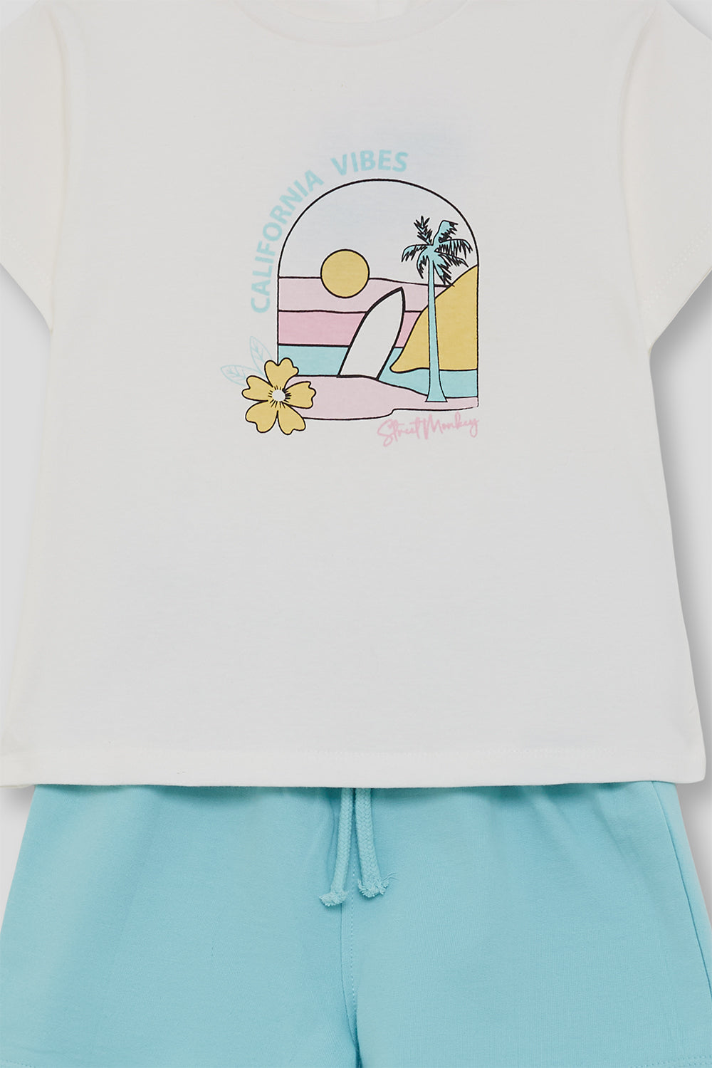 Conjunto de niña Street Mockey camiseta blanca y short turquesa | Algodón 2-16 años