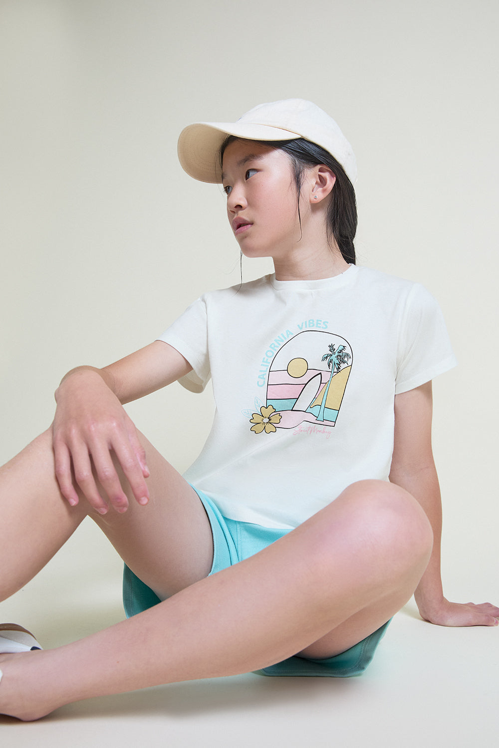 Conjunto de niña Street Mockey camiseta blanca y short turquesa | Algodón 2-16 años