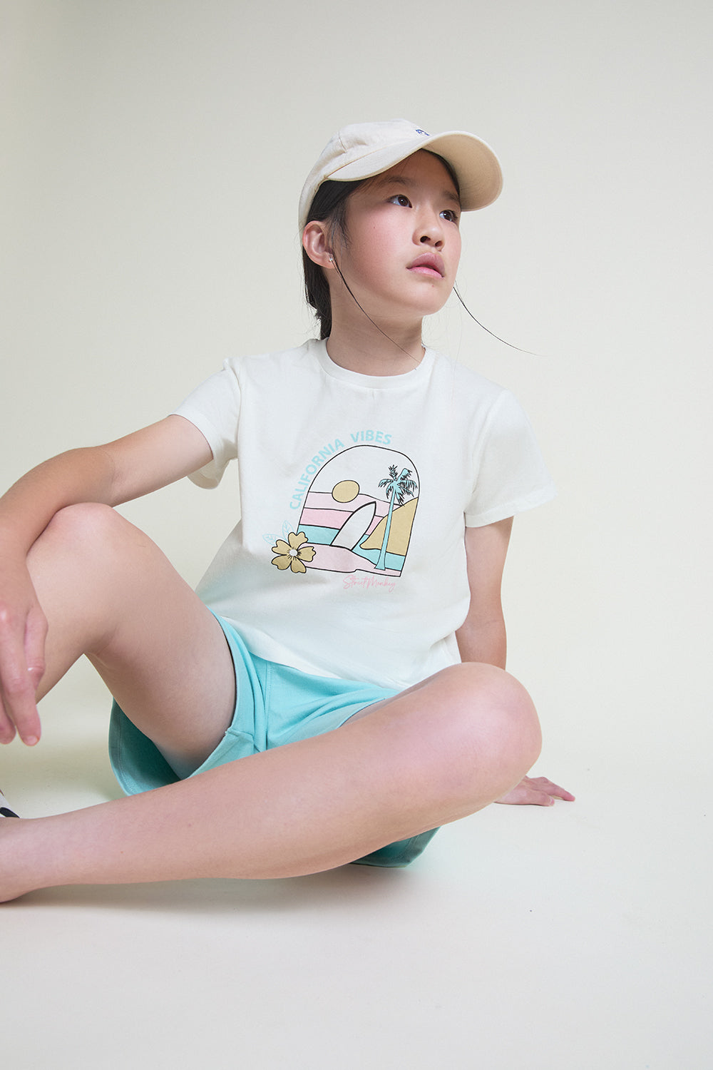 Conjunto de niña Street Mockey camiseta blanca y short turquesa | Algodón 2-16 años