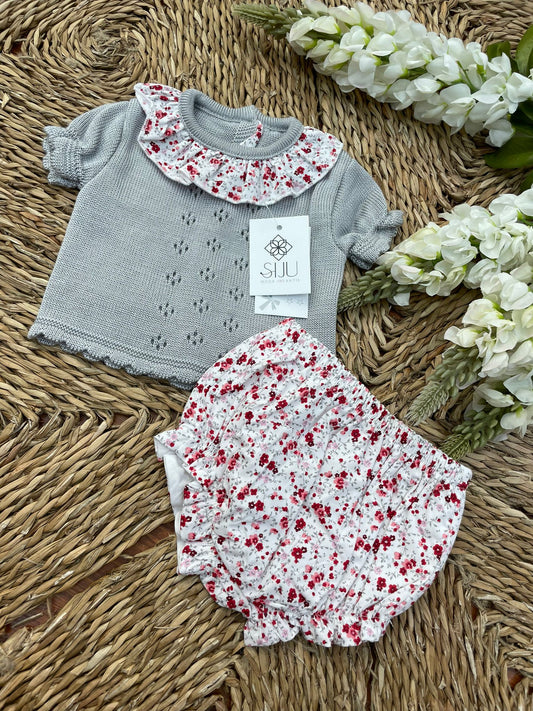 Conjunto hilo primera puesta bebe blusa de hilo con volante en tela camisera y ranita con estampado de flores 1-12 meses