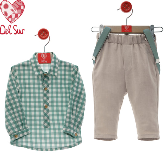 Conjunto bebé niño con tirantes botones  | Camisa + pantalón largo | Del Sur 6-48 meses 👔🩵