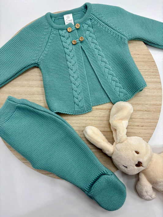 Conjunto primera puesta bebé chaqueta y polaina mint