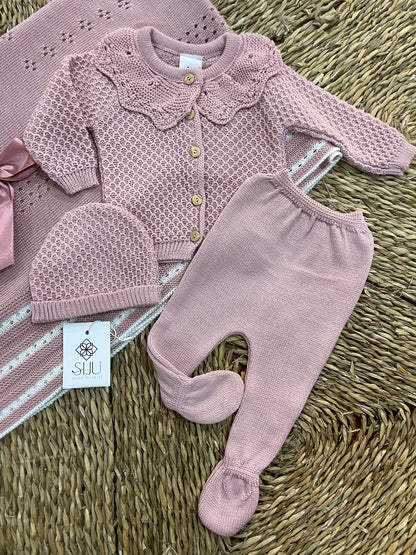 Conjunto hilo polaina 3 piezas Andalucía rosa empolvado primera puesta