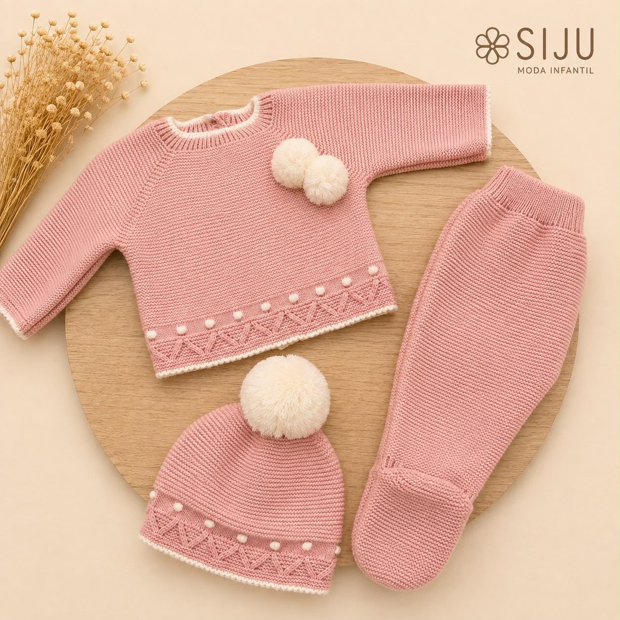 Conjunto de Primera Puesta Rosa Empolvado para Bebé con Pompones, Polaina y Gorro | Siju Moda Infantil