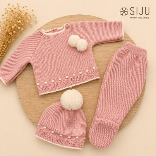 Conjunto de Primera Puesta Rosa Empolvado para Bebé con Pompones, Polaina y Gorro | Siju Moda Infantil