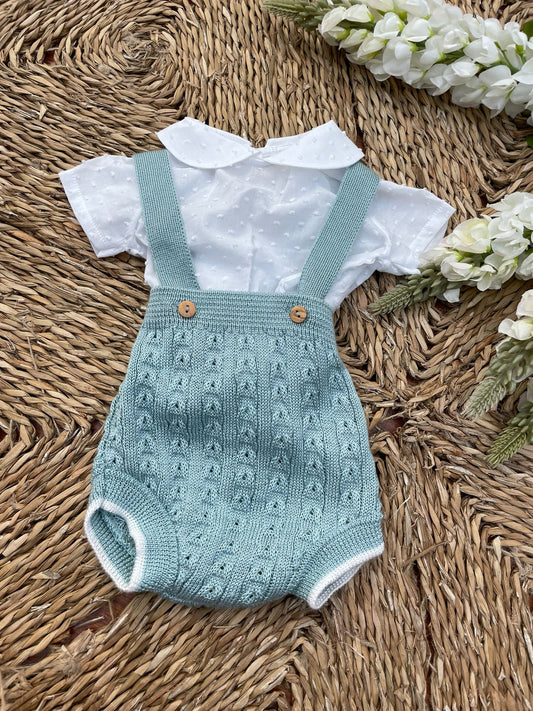 Conjunto de hilo peto  en color verde mint y camisa con cuello camisero en color blanco 1-6 meses primeras puestas
