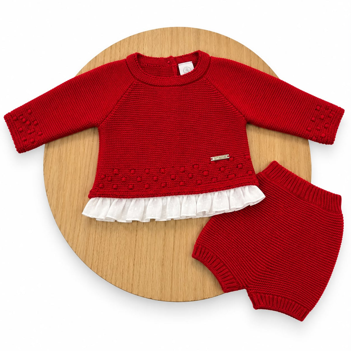 Conjunto de Lana Rojo con Jersey de Puntilla y Cubrepañal para Bebé | 1 a 24 Meses