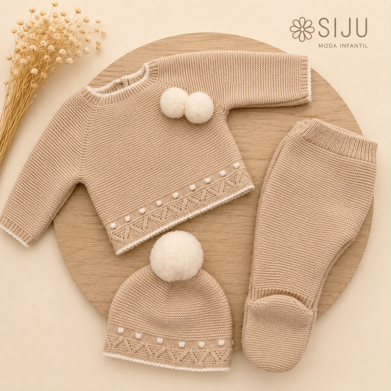 Conjunto de Primera Puesta Beige para Bebé con Pompones, Polaina y Gorro | Siju Moda Infantil