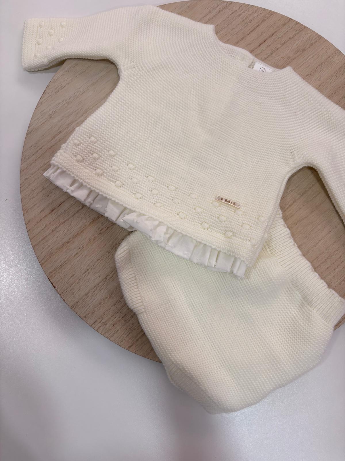 Conjunto de Lana Marfil con Jersey de Puntilla y Cubrepañal para Bebé | 1 a 24 Meses