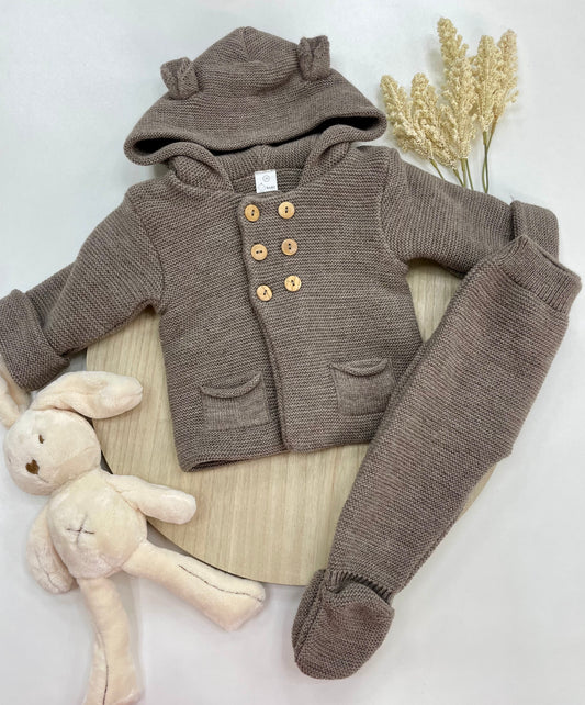 Conjunto Chaqueta y Polaina de Lana para Bebé – Marrón con Capucha y Orejitas (3-12 meses) 🤎🐻