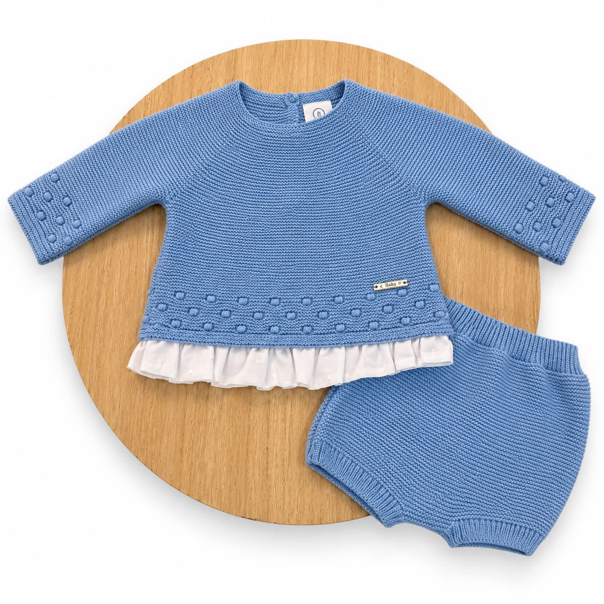 Conjunto de Lana Azulón con Jersey de Puntilla y Cubrepañal para Bebé | 1 a 24 Meses