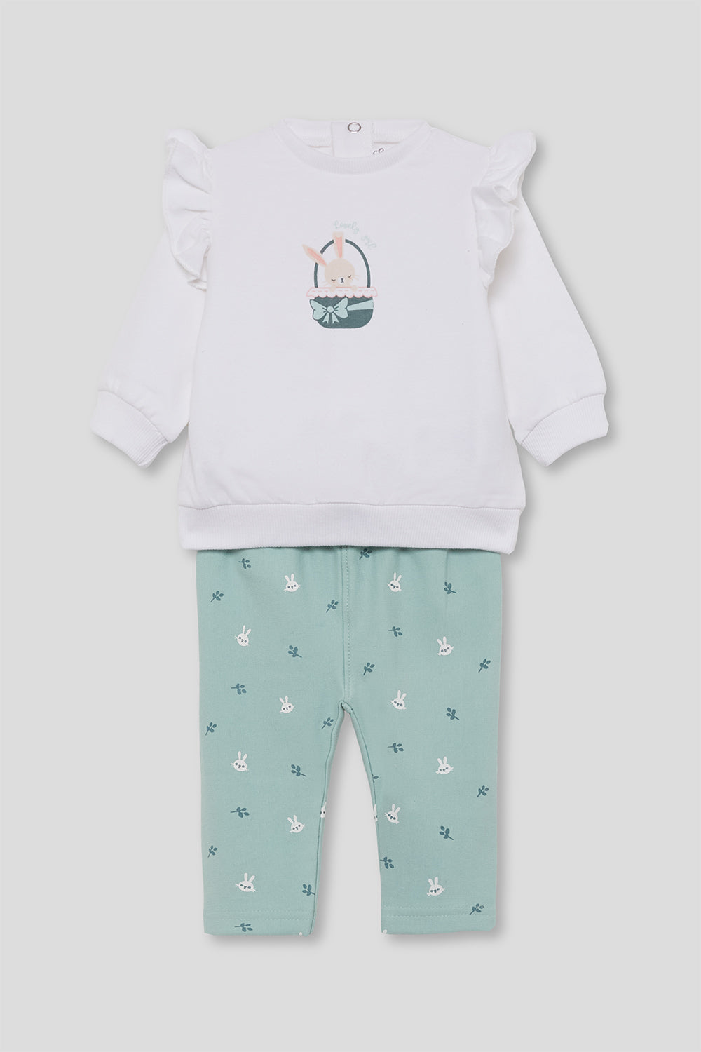 Conjunto Bebé Niña de Algodón Blanco y Verde Agua con Conejito Street Monkey | 1-24 Meses | Siju