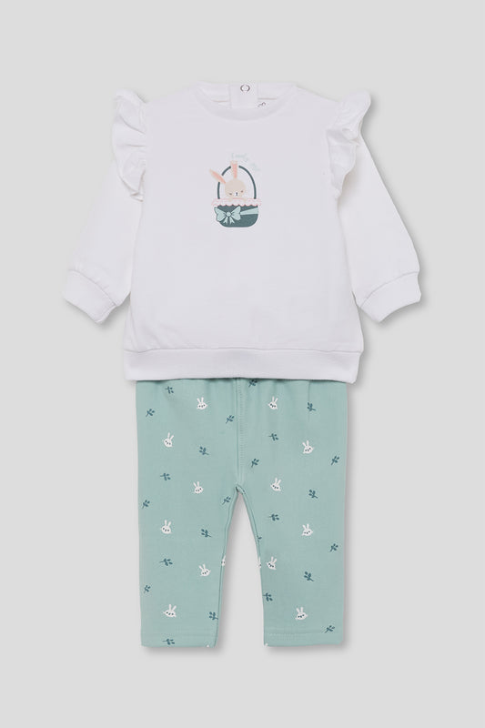 Conjunto Bebé Niña de Algodón Blanco y Verde Agua con Conejito Street Monkey | 1-24 Meses | Siju