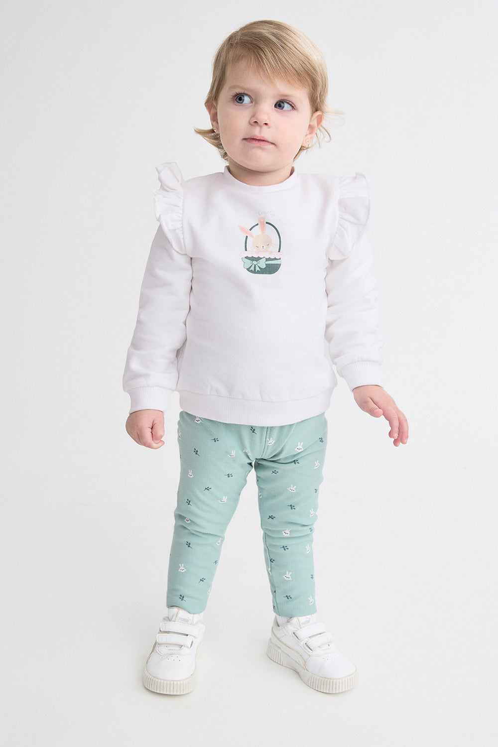 Conjunto Bebé Niña de Algodón Blanco y Verde Agua con Conejito Street Monkey | 1-24 Meses | Siju