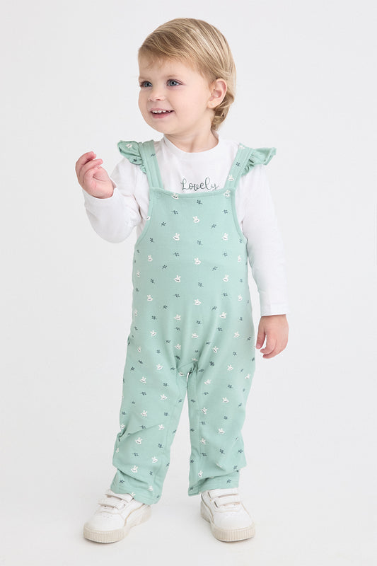 Conjunto Bebé Niña con Peto Verde Agua y Camiseta Blanca de Algodón Street Monkey | 1-24 Meses | Siju