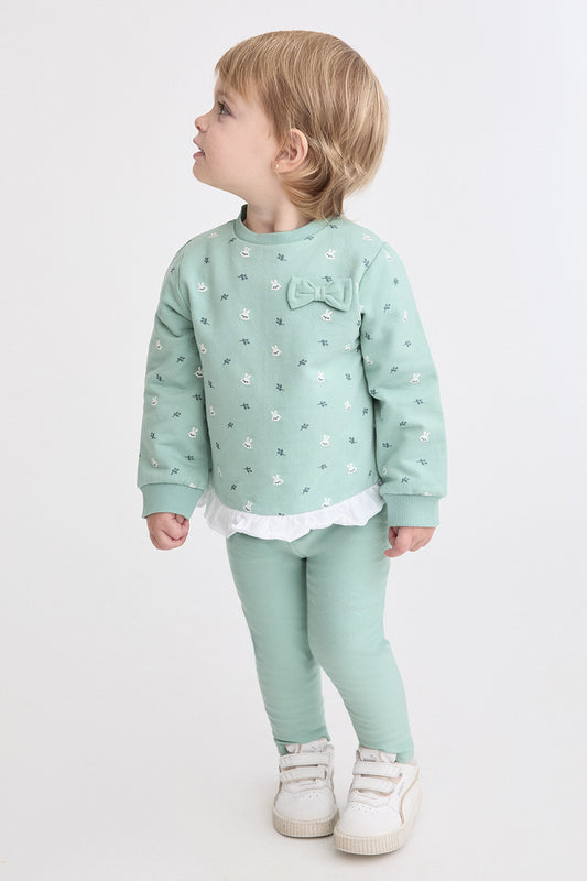 Conjunto Bebé Niña Verde Agua con Lazo y Volante de Algodón Street Monkey | 1-24 Meses | Siju
