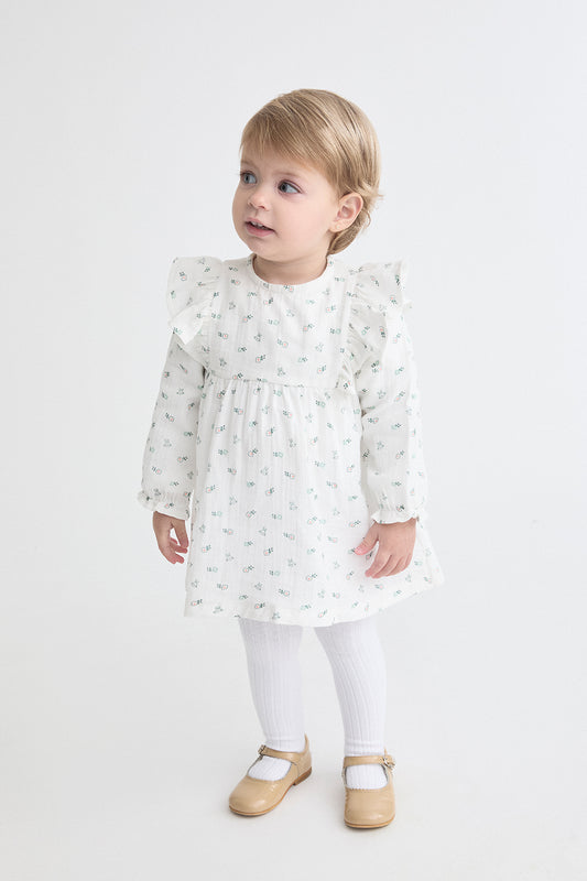 Vestido Bebé Niña Blanco Estampado con Volantes y Flores Street Monkey | 1-24 Meses | Siju