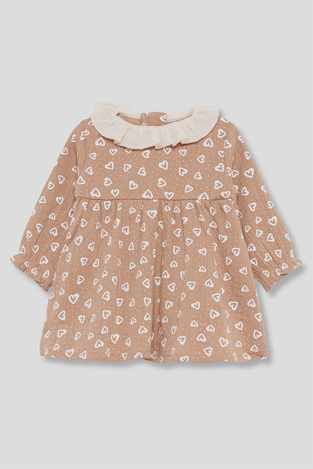 Vestido Bebé Niña Marrón con Estampado de Corazones y Cuello Volante Street Monkey | 1-24 Meses | Siju