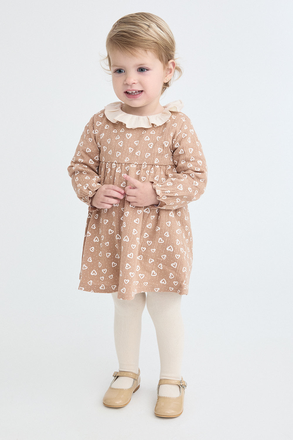 Vestido Bebé Niña Marrón con Estampado de Corazones y Cuello Volante Street Monkey | 1-24 Meses | Siju
