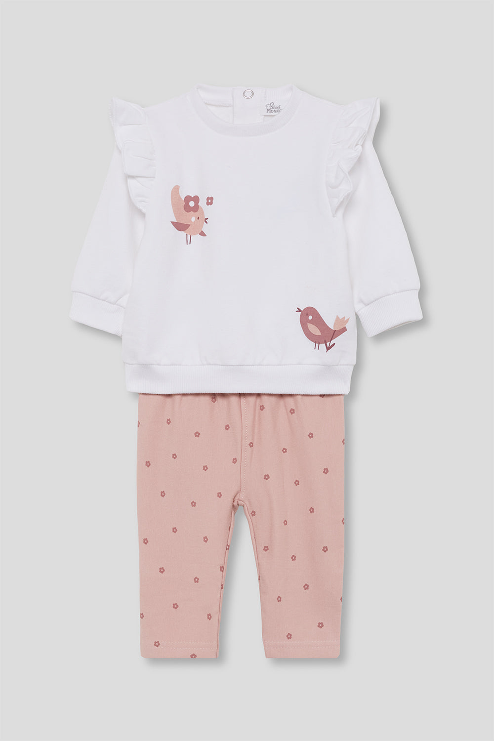 Conjunto Bebé Niña Sudadera Blanca con Pajaritos y Pantalón Rosa Street Monkey | 1-24 Meses | Siju
