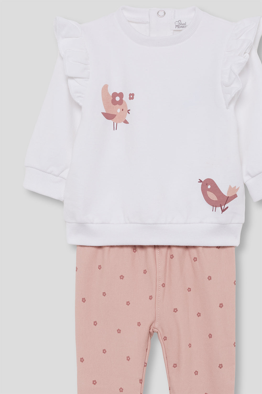 Conjunto Bebé Niña Sudadera Blanca con Pajaritos y Pantalón Rosa Street Monkey | 1-24 Meses | Siju