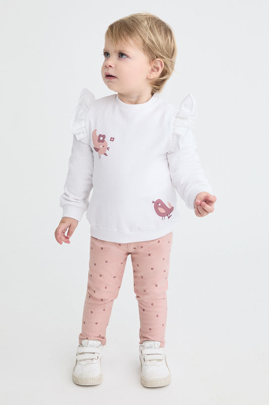 Conjunto Bebé Niña Sudadera Blanca con Pajaritos y Pantalón Rosa Street Monkey | 1-24 Meses | Siju