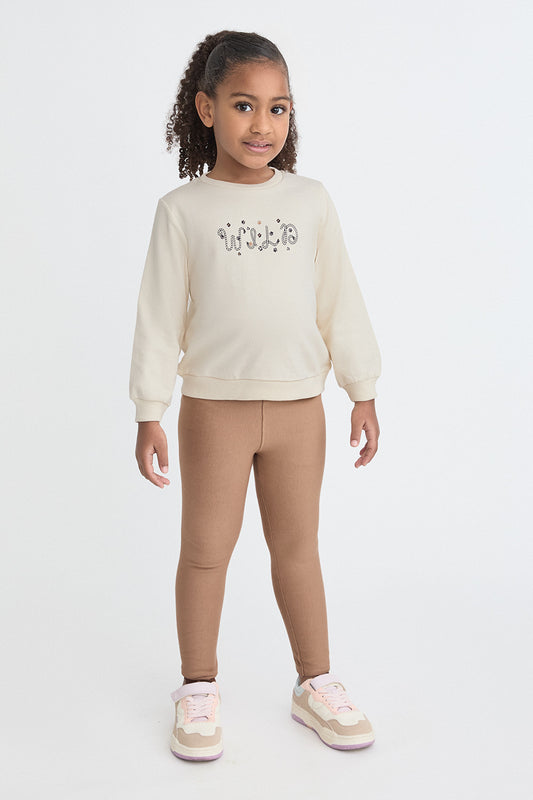 Conjunto Bebé Niña Sudadera Crudo y Pantalón Camel | 363015