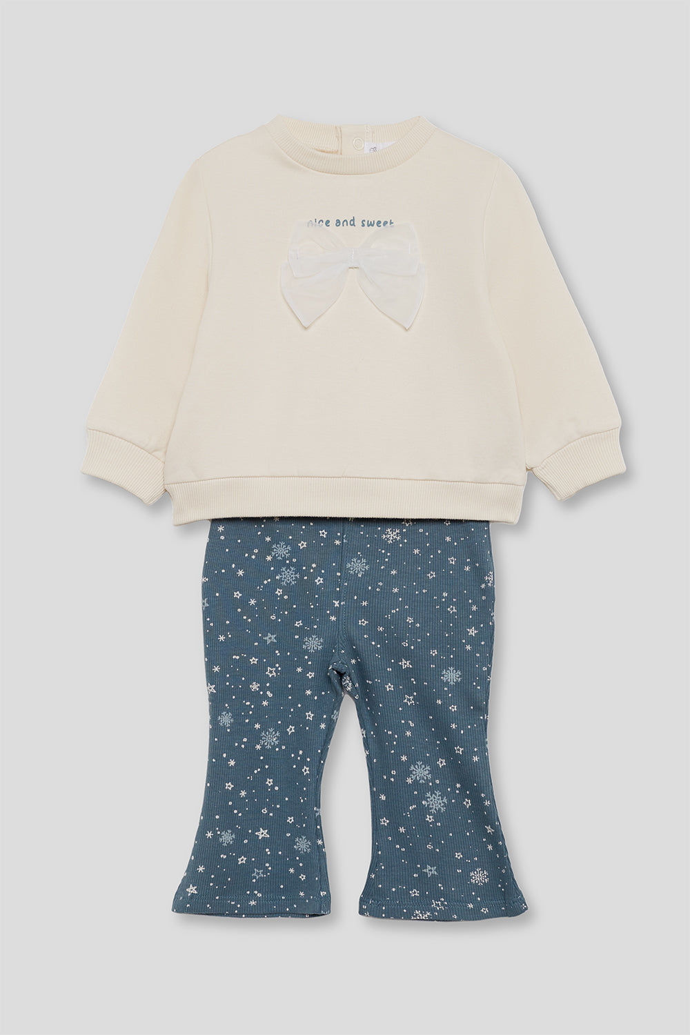 Conjunto Bebé Niña Sudadera Cruda y Pantalón Campana Estampado | 363026