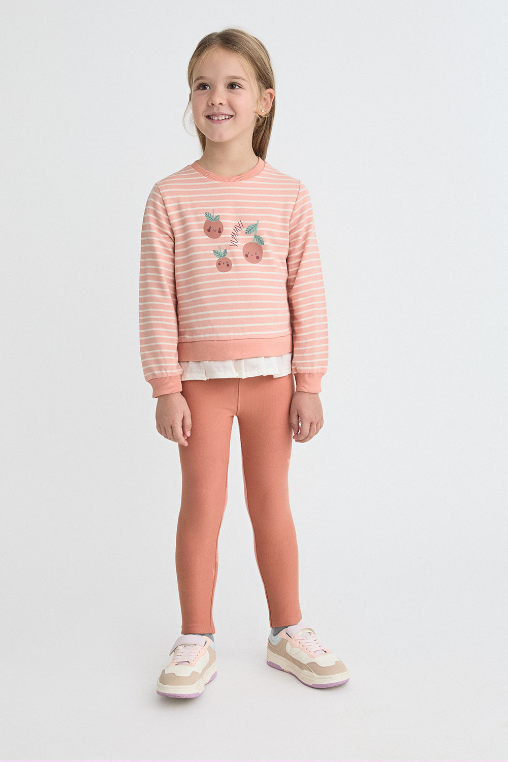 Conjunto Bebé Niña Sudadera Rayas Coral con Volante y Leggings | 363031