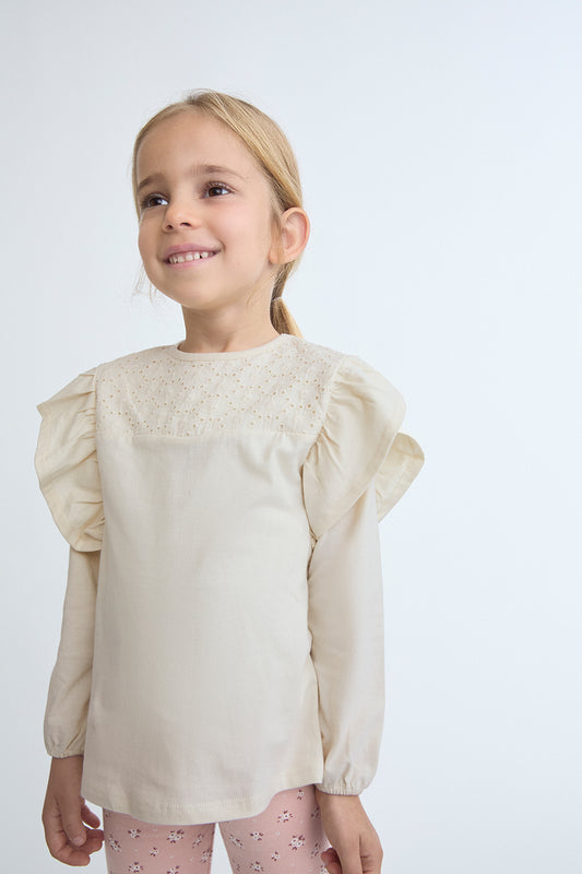 Camiseta Bebé Niña Cruda con Bordado Calado y Volantes | 363033