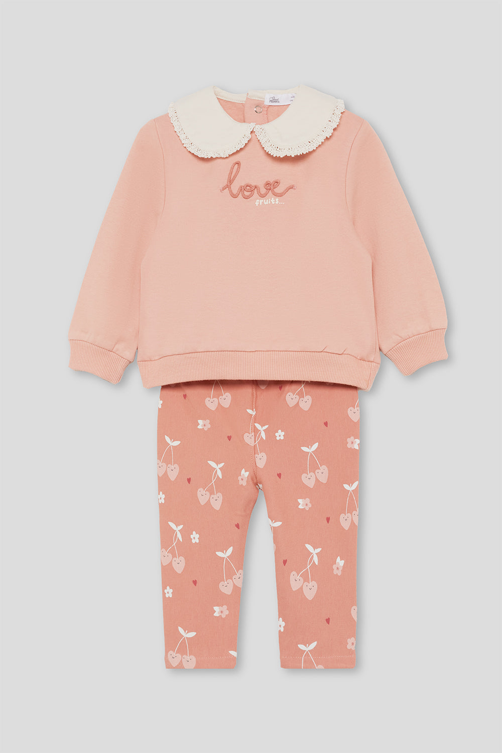 Conjunto Bebé Niña Sudadera Rosa con Cuello Calado y Leggings Estampados | 363037